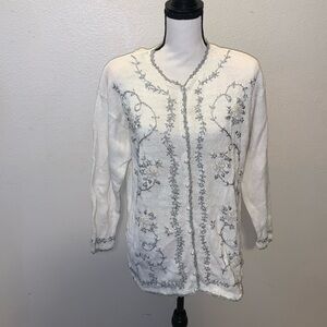 Womens Vintage JENNY Ivory Cream Embroidered Cardigan Sweater Pearl Buttons